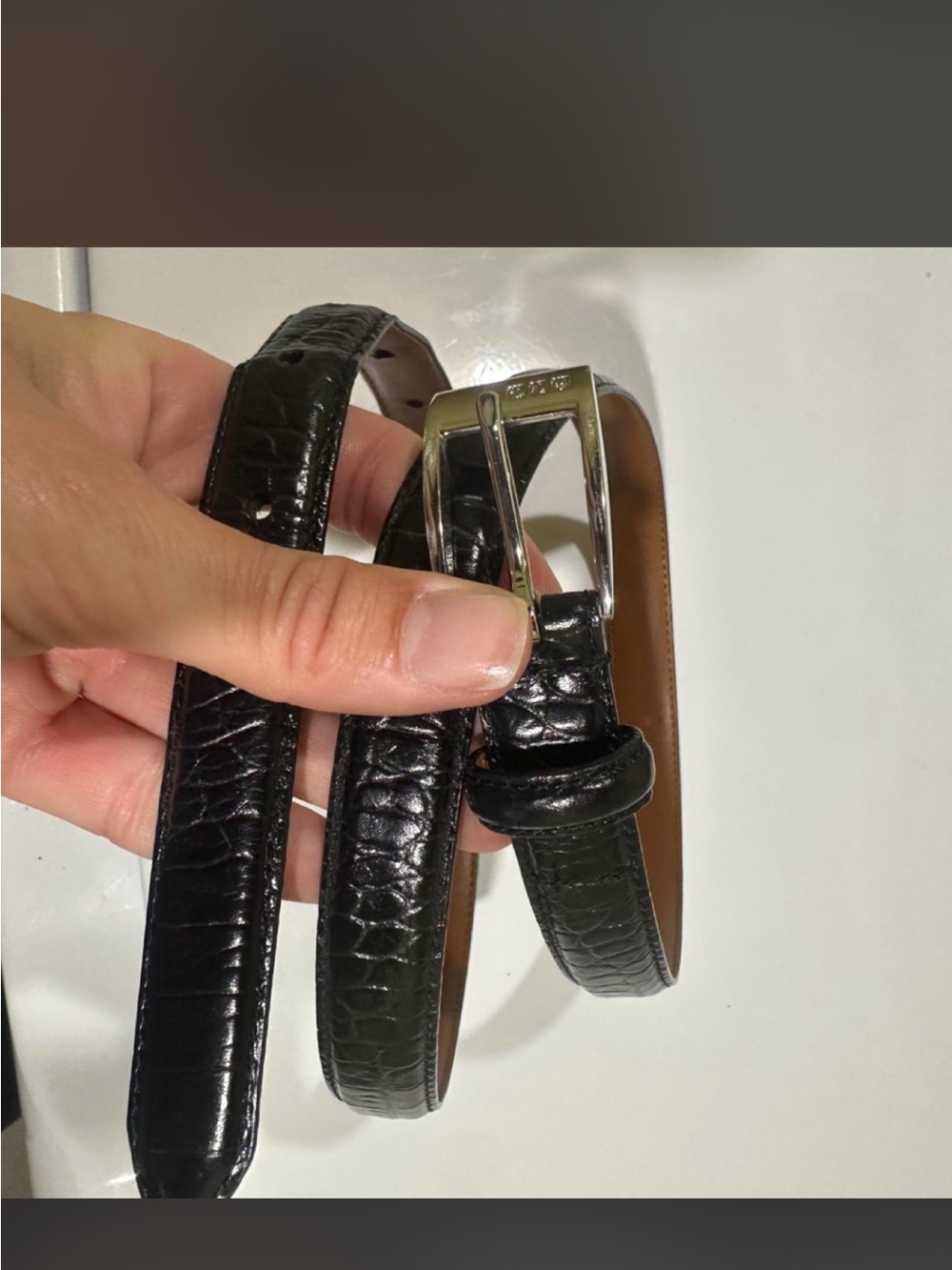 Ralph Lauren Black Croc-Embossed Leather Belt with Silver Buckle